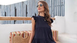 Womens Summer Dress Sleeveless Ruffle Sleeve Round Neck Mini Dress Solid Color Loose Fit Short Flowy Pleated Dress