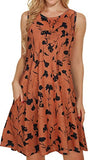 Orange Flower Summer Dresses for Women Beach Floral Tshirt Sundress Sleeveless Pockets Casual Loose Tank Dress - elescat | Women's Casual Dresses