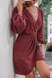 Women's Elegant Wrap Long Balloon Sleeve Corduroy Mini Dresses Deep V Neck Cocktail Mini Dress with Tie Waist