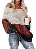 Womens Oversized Sweater Color Block Off The Shoulder Pullover Sweaters Cable Knit Chunky Striped Tops | Women's Sweaters