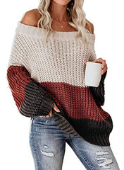 Womens Oversized Sweater Color Block Off The Shoulder Pullover Sweaters Cable Knit Chunky Striped Tops