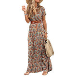 Summer Maxi Dress Women Boho Dresses Fashion Floral V Neck Short Sleeve Beach Resort Homewear Long Dress Casual Street Style - Brown - XL