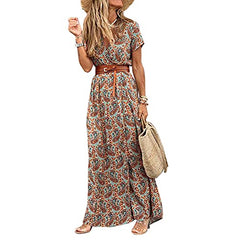 Summer Maxi Dress Women Boho Dresses Fashion Floral V Neck Short Sleeve Beach Resort Homewear Long Dress Casual Street Style - Brown - XL | Women's Casual Dresses