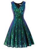 Women Sequins Velvet Banquet Dinner Dress 50s Autumn Winter V-Neck A-line Dress