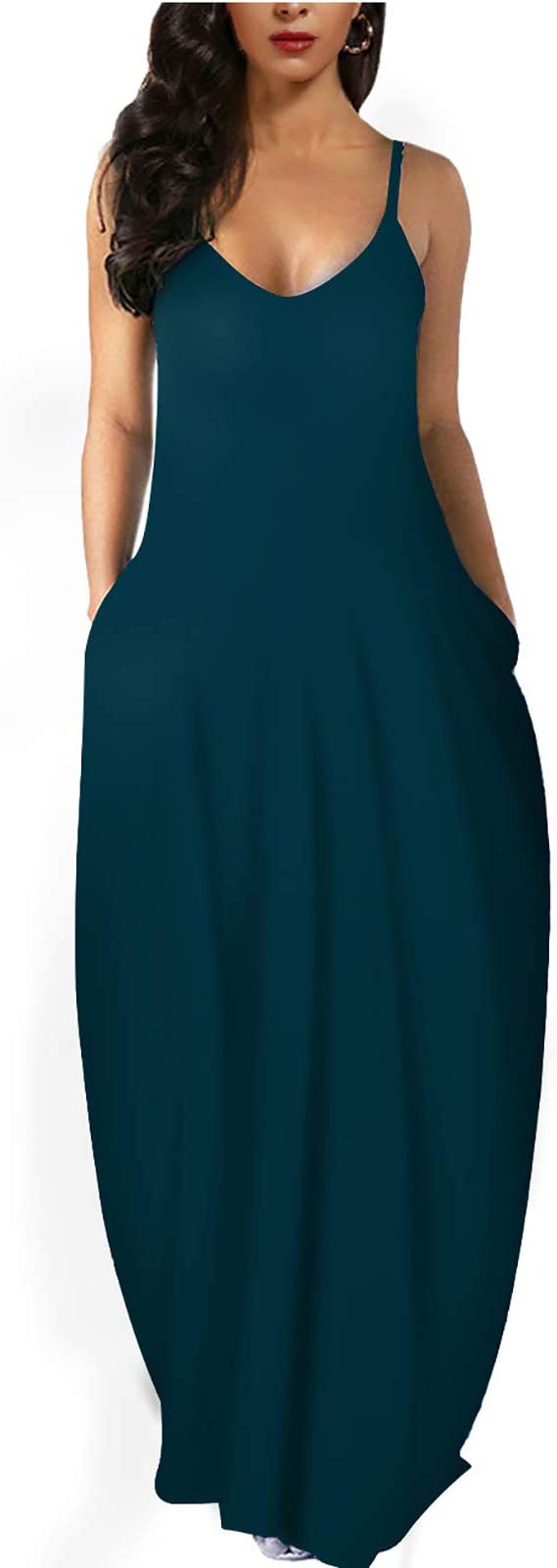 Deep Green Womens Casual Sleeveless Plus Size Loose Plain Long Maxi Dress with Pockets - Wolddress | Women's Casual Dresses