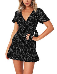 AIMCOO Women's Short Sleeve Wrap Dress Floral Print V Neck Waisted Ruffle Hem Mini Dresses | Women's Casual Dresses