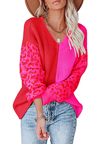 Women's V Neck Sweater Pullover Leopard Long Sleeve Basic Color Block Jumper Casual Knitted Tops