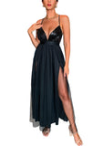 Black Sleeveless Women's Solid Mesh Spaghetti Strap Sequin Cross Back Elegant Evening Party Dress - Fuedage | Women's Formal Dresses