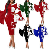 Women Bodycon Pencil Midi Dress Patchwork Long Flared Sleeve Print Round Neck Work Dress Elegant Stitching Office Dress | Women's Work Dresses