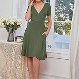 Ladiess Dress Solid Casul V-Neck Knee-Length Short Sleeve Long Dress Bodycon Dress Office Wear for Casual Club Cocktail Evening Gowns Work UK Size 8-26 | Women's Work Dresses