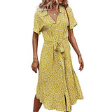 Women's Fashion Floral Print Belted Loose Shirt Dress Casual Short Sleeve Button Down Midi Dress | Original Brand