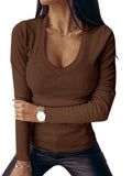 Brown Women Casual Deep V Neck Shirts Long Sleeve Ribbed Slim Solid Tunics Basic Tee Shirts Tops - Soulomelody | Women's Tops and Blouses