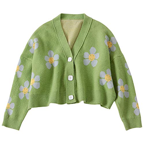 Women's Flower Long Sleeve Open Front Short Cardigan Casual Loose V Neck Button Down Knit Cardigan Sweaters Outwear