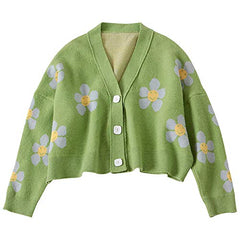 Women's Flower Long Sleeve Open Front Short Cardigan Casual Loose V Neck Button Down Knit Cardigan Sweaters Outwear