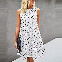 Summer Dress, Women's Vintage Polka Dot Print Sleeveless Dress Cozy Round Neck Sleeveless Beach Dress with Pockets | Original Brand