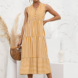 Summer Dresses for Women, Ladies's Fashion Summer Sleeveless Stripe Print Casual Dress V-Neck Button Dress Party UK Size | Women's Work Dresses