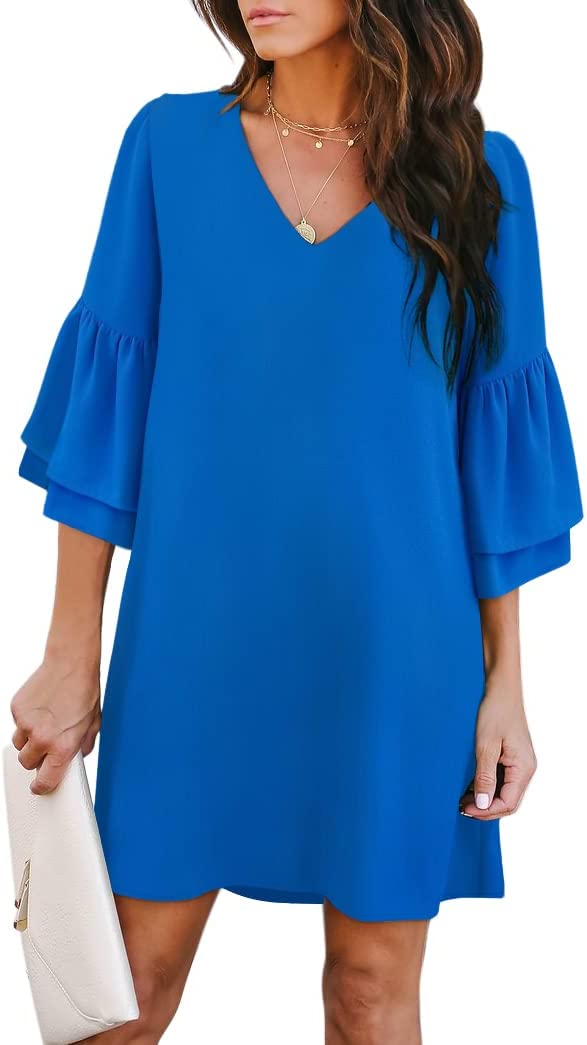 Blue Women's Dress Sweet & Cute V-Neck Bell Sleeve Shift Dress Mini Dress - BELONGSCI | Women's Casual Dresses