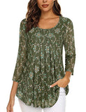 Floral Moss Green Women's Casual 3/4 Sleeve Tunic Tops Floral Double Layers Blouses Loose Fit Pleated Mesh Shirts - Timeson | Women's Tops and Blouses