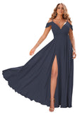 Navy Blue Women's Off Shoulder Bridesmaid Dresses Long Chiffon Formal Dress with Slit - Clothfun | Women's Cocktail Dresses