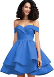 Blue Off Shoulder Short Prom Dress Satin Homecoming Dresses for Teens A Line Cocktail Party Gowns Mini Dress - Homdor | Women's Cocktail Dresses