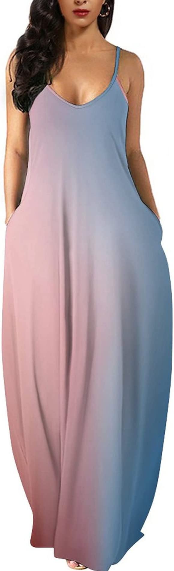 Gradient Babyblue Pink Womens Casual Sleeveless Plus Size Loose Plain Long Maxi Dress with Pockets - Wolddress | Women's Casual Dresses