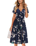 Blue Floral Summer Short Sleeve V-Neck Floral Casual Ladies Dress with Pockets - OUGES | Women's Casual Dresses