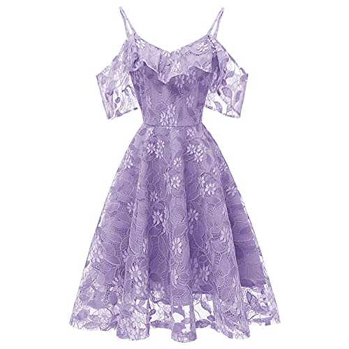 Women's Floral Lace Cold Shouder Dress Prom Party Cocktail Dresses Ruffle Sleeve Casual Fall Midi Dress Pleated Dress