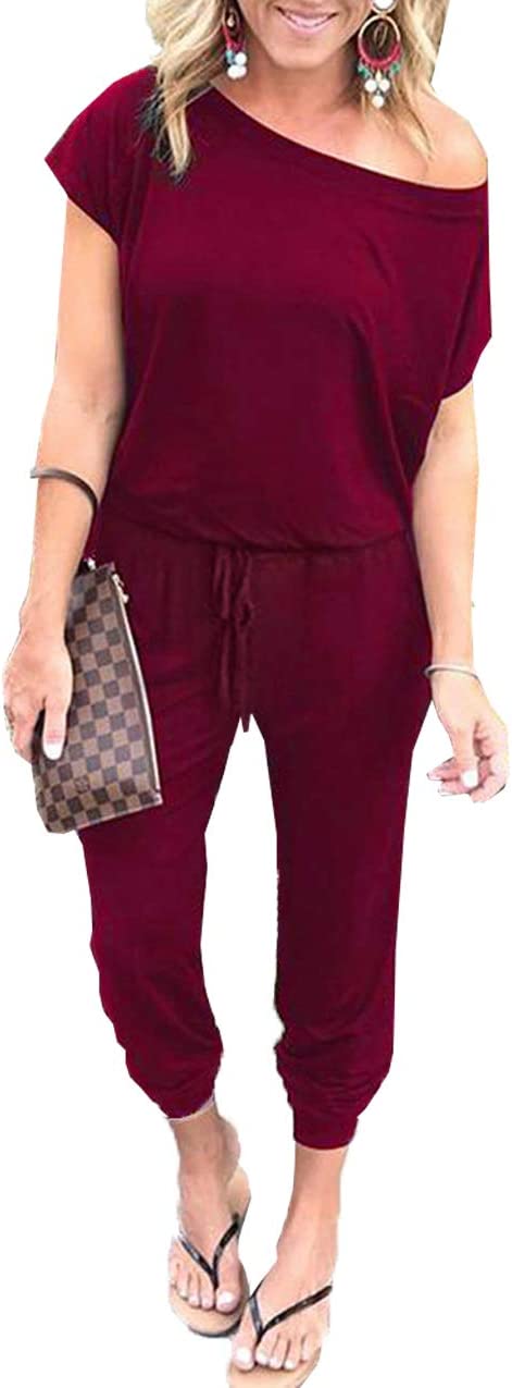Wine Red Women's Loose Solid Off Shoulder Elastic Waist Stretchy Long Romper Jumpsuit - PRETTYGARDEN | Women's Romper & Jumper Suit