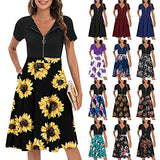 Womens Summer Dresses Short Sleeve, Zipper Vintage Dresses Casual Floral Flared Midi Party Dress with Pockets | Original Brand