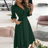 Women's Plus Size Long Sleeve V Neck Belted Bodycon Dress Solid High Waist Office Work Dress Ruffle Midi Dress | Women's Work Dresses