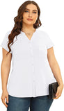 Light Green Women's Plus Size Short Sleeve Shirt Button Down V Neck Tops Casual Blouses with Procket - TIANZHU | Women's Tops and Blouses