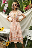 Womens Summer Floral Print V Neck Drawstring Tiered Ruffle Elegant A-Line Dress