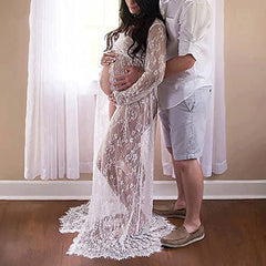 Women Photography Lace Dress,  White See-through Maxi Dress With Long Sleeve V-neck Split Front Lace