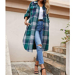 Green Ladies Casual Wool Blend Long Plaid Shirt Jacket Button Down Pocketed Shirt Shacket - Ainangua Womens Fall Fashion | Women's Coat & Jacket