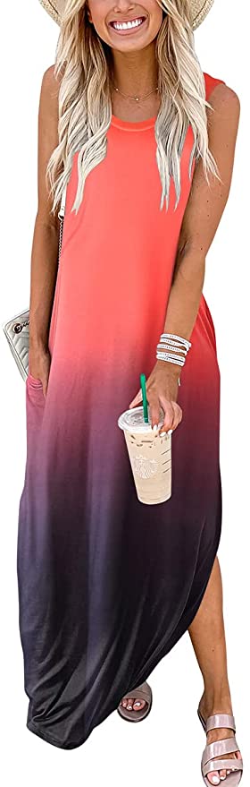 Orange Black Women's Casual Loose Long Sleeveless Sundress with Pockets - ANRABESS | Women's Casual Dresses