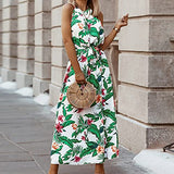 Ladies Summer High Waist O-Neck Bohemian Retro Printed Belt Beach Dress UK Size Party Dress | Women's Work Dresses