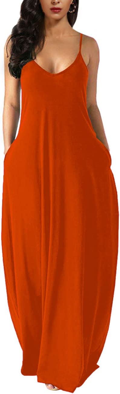 Orange Womens Casual Sleeveless Plus Size Loose Plain Long Maxi Dress with Pockets - Wolddress | Women's Casual Dresses