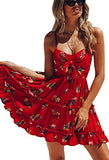 Womens Dresses Floral Spaghetti Strap Tie Knot Front Flowy Pleated Mini Swing Dress