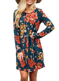 Women’s Casual Floral Round Neck Long Sleeve Tunic Pleated Swing Midi T-Shirt Dress