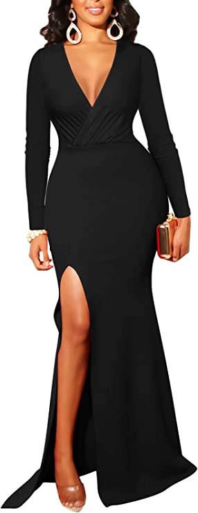 Black Women's Sexy Long Sleeve V Neck Wrap Side Split Bodycon Cocktail Party Maxi Dress - GOBLES | Women's Cocktail Dresses