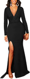 Black Women's Sexy Long Sleeve V Neck Wrap Side Split Bodycon Cocktail Party Maxi Dress - GOBLES | Women's Cocktail Dresses