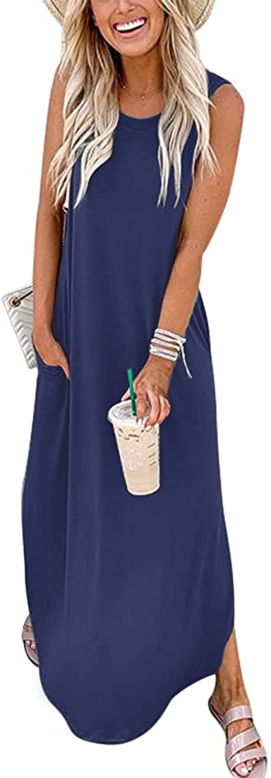 Blue Women's Casual Loose Long Sleeveless Sundress with Pockets - ANRABESS | Women's Casual Dresses