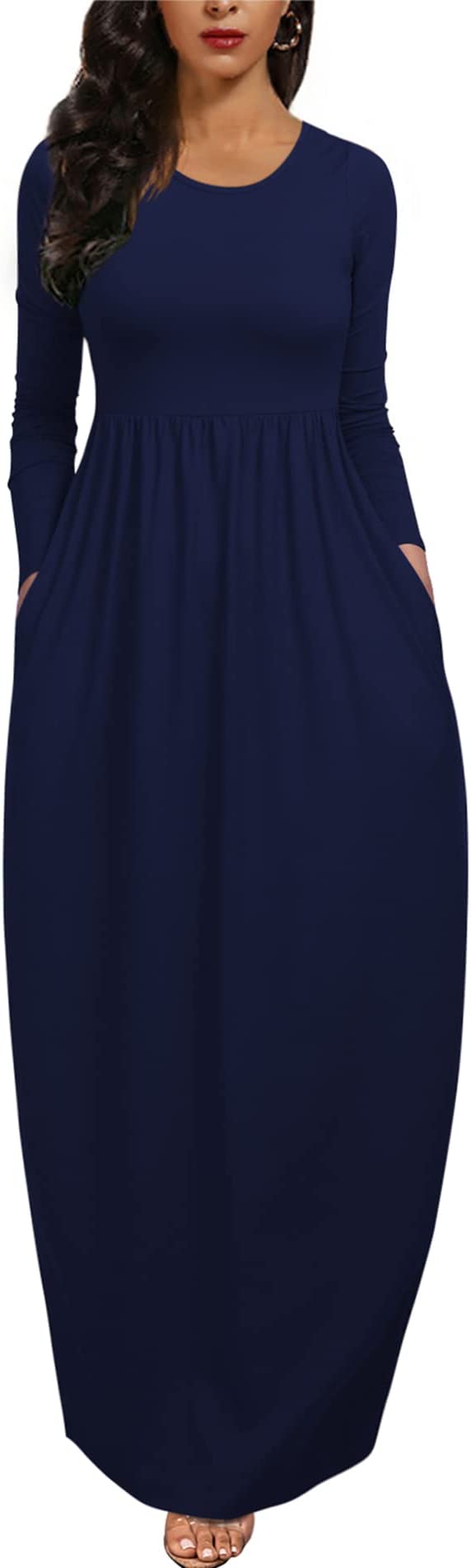 Long Sleeve Navy Blue Womens Casual Sleeveless Plus Size Loose Plain Long Maxi Dress with Pockets - Wolddress | Women's Casual Dresses