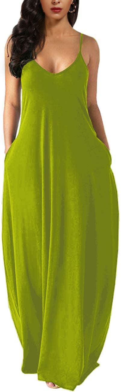 Green Apple Womens Casual Sleeveless Plus Size Loose Plain Long Maxi Dress with Pockets - Wolddress | Women's Casual Dresses
