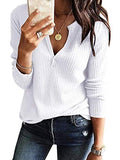 V Neck Waffle Knit Henley Tops Casual Long Sleeve Pullover Sweater Blouses | Women's Sweaters
