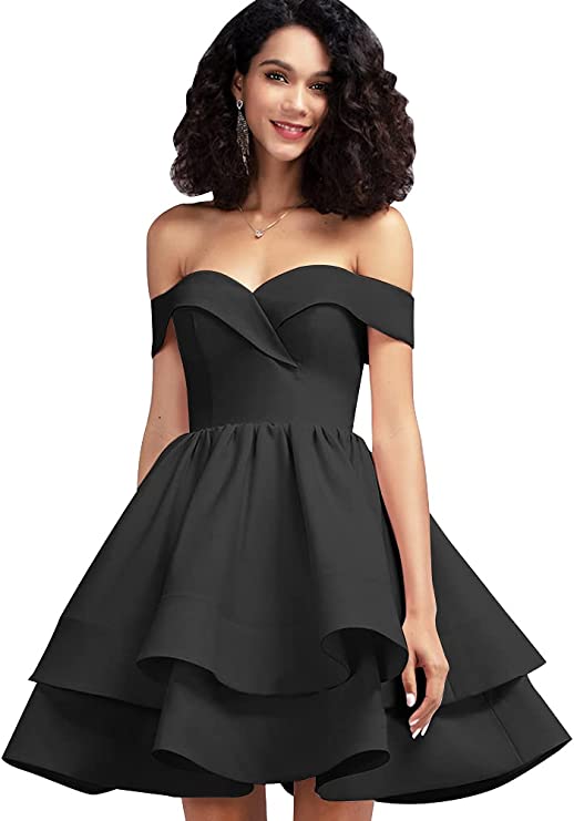 Black Off Shoulder Short Prom Dress Satin Homecoming Dresses for Teens A Line Cocktail Party Gowns Mini Dress - Homdor | Women's Cocktail Dresses