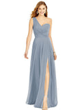 Dusty Blue One Shoulder Chiffon Bridesmaid Dresses with Slit Maxi Long Formal Dresses for Women Party - XYAYE | Women's Formal Dresses
