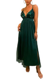 Green Women's Solid Mesh Spaghetti Strap Sequin Cross Back Elegant Evening Party Dress - Fuedage | Women's Formal Dresses