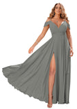 Grey Women's Off Shoulder Bridesmaid Dresses Long Chiffon Formal Dress with Slit - Clothfun | Women's Cocktail Dresses