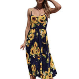 Women's Dresses-Summer Floral Bohemian Spaghetti Strap Button Down Midi Dress with Pockets